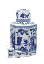 Blue and White Canton 12" Hexagon Ginger Tea Jar
