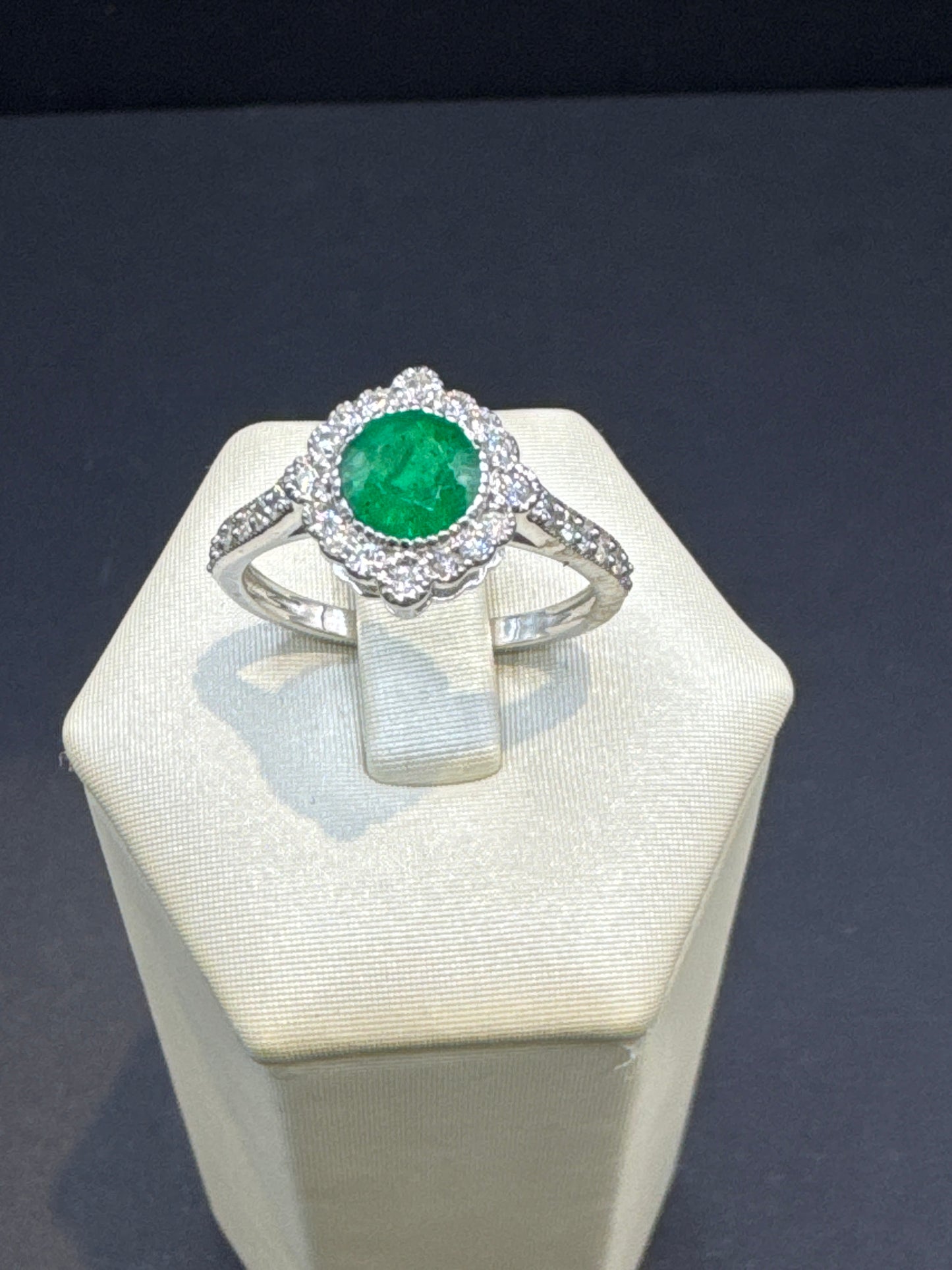 0.84 Carat Emerald & Diamond Ring in 14k White Gold | Vivid Green with Diamond Accents