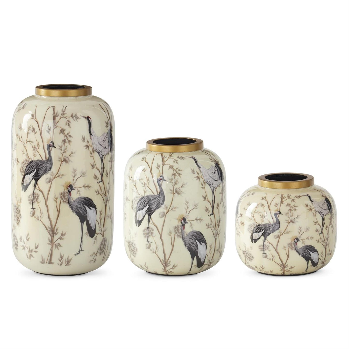 Black and White Crane Enameled Vases