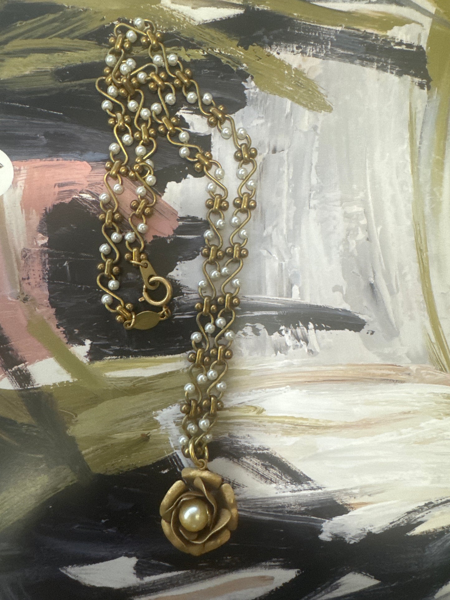 Vinage Gold Pearl Link Rose Necklace