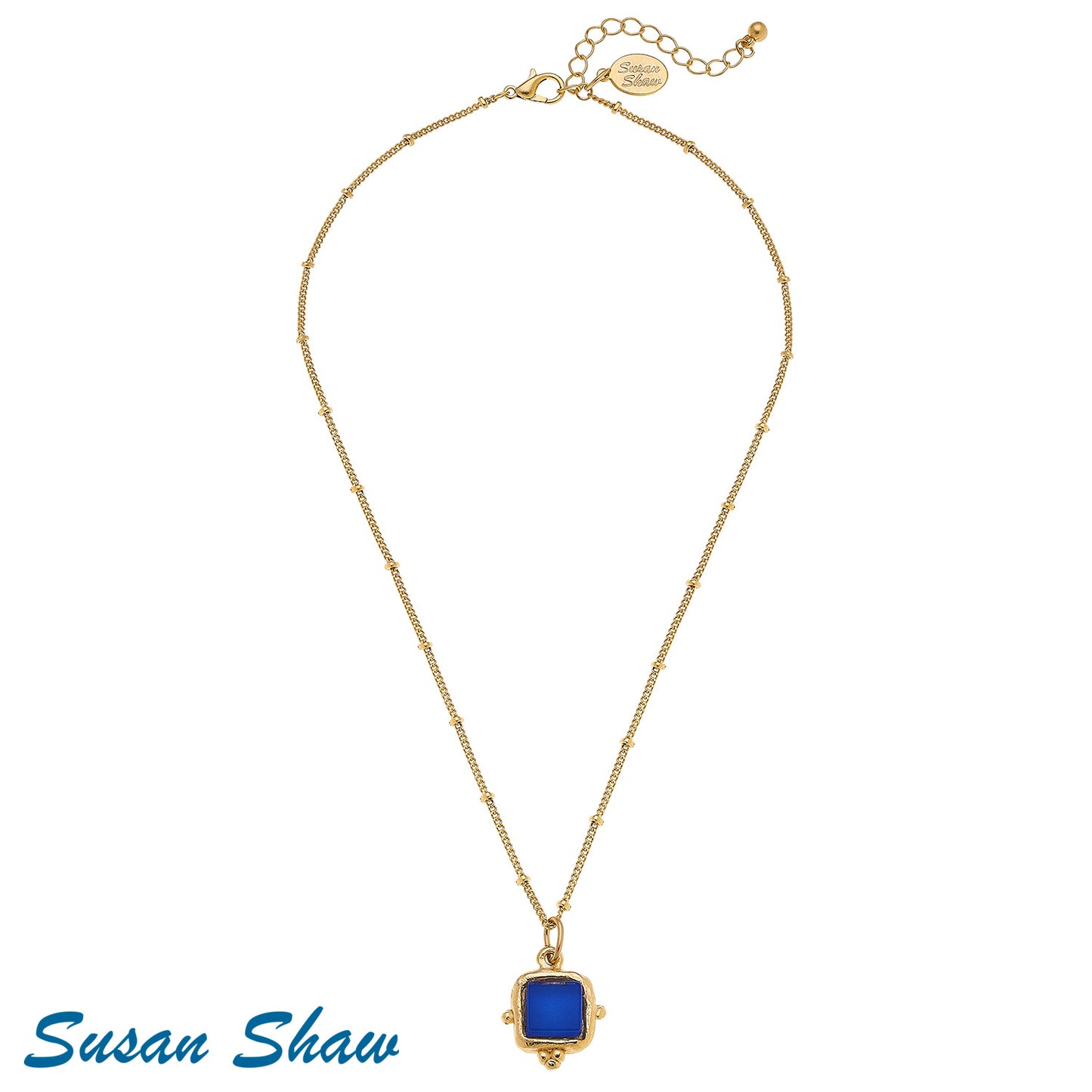 Handcast Gold Square with Blue French Glass Necklace