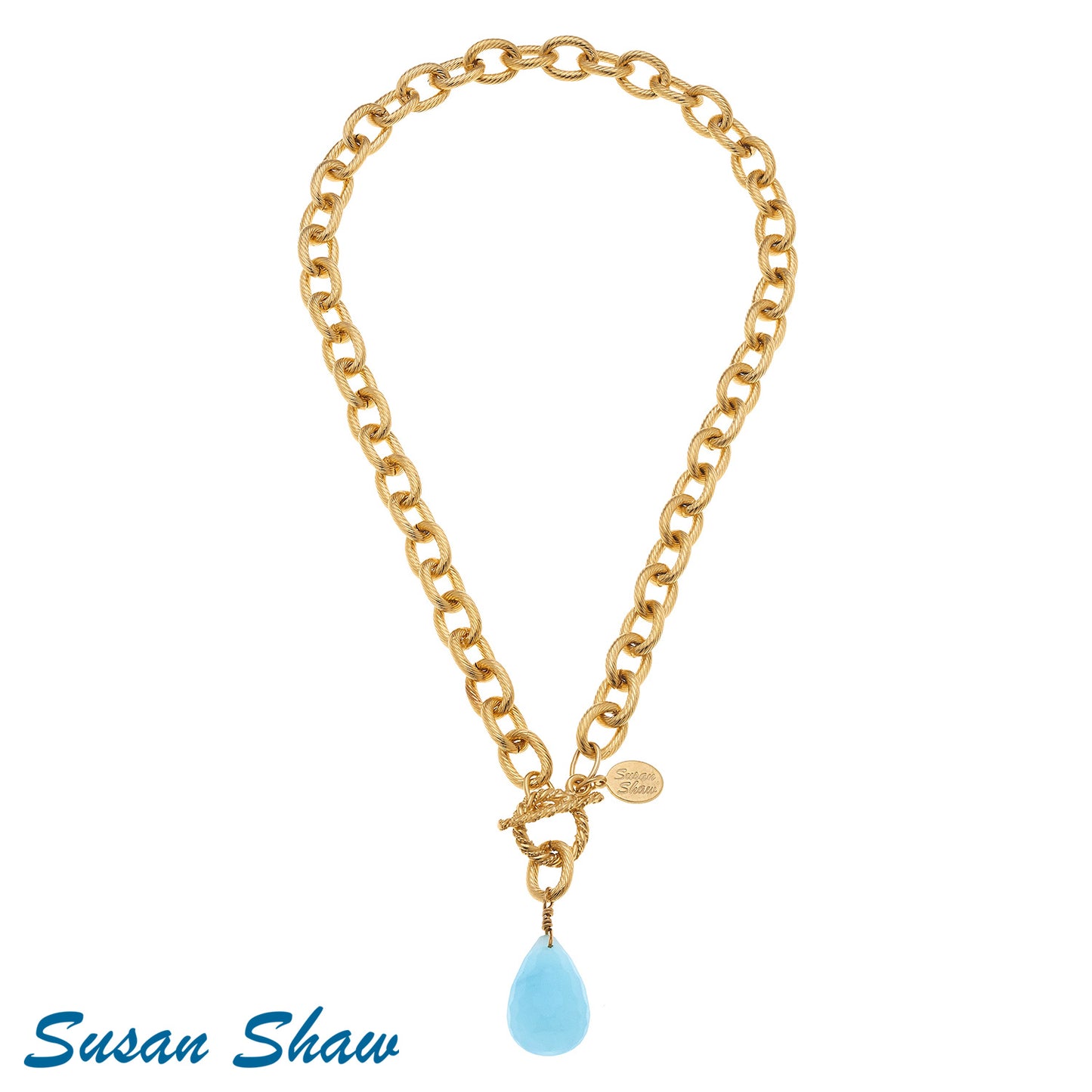 Aqua Quartz Semi-Precious Stone on Handcast Gold Chain Necklace.