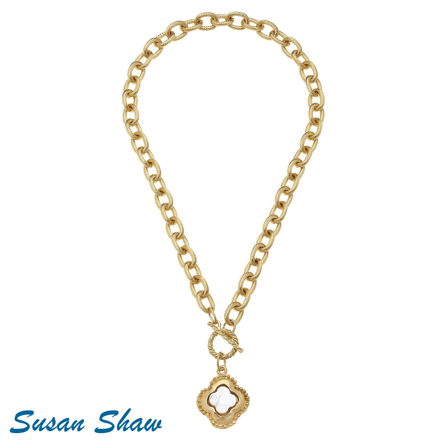 Handcast Gold Clover with Genuine Mother of Pearl Necklace