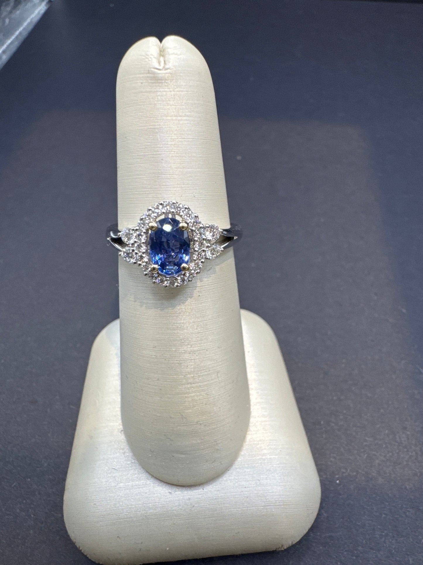 1.05 Carat Oval Sapphire Ring with Diamond Halo & Side Accents in 14k White Gold