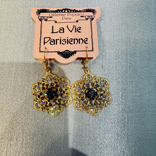 Vintage Gold Filigree Earrings, Black Diamond