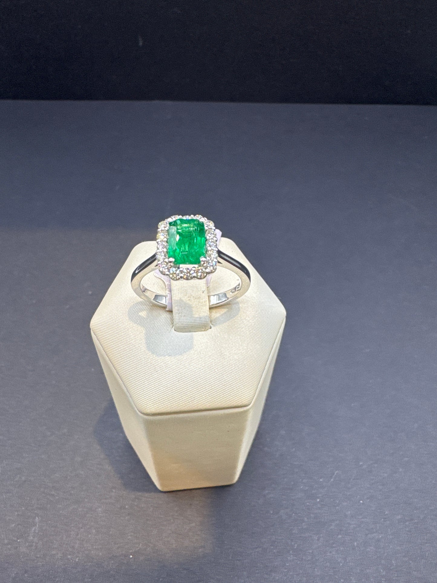 1.28 Carat Emerald-Cut Emerald Ring with 16-Diamond Halo in 14k White Gold