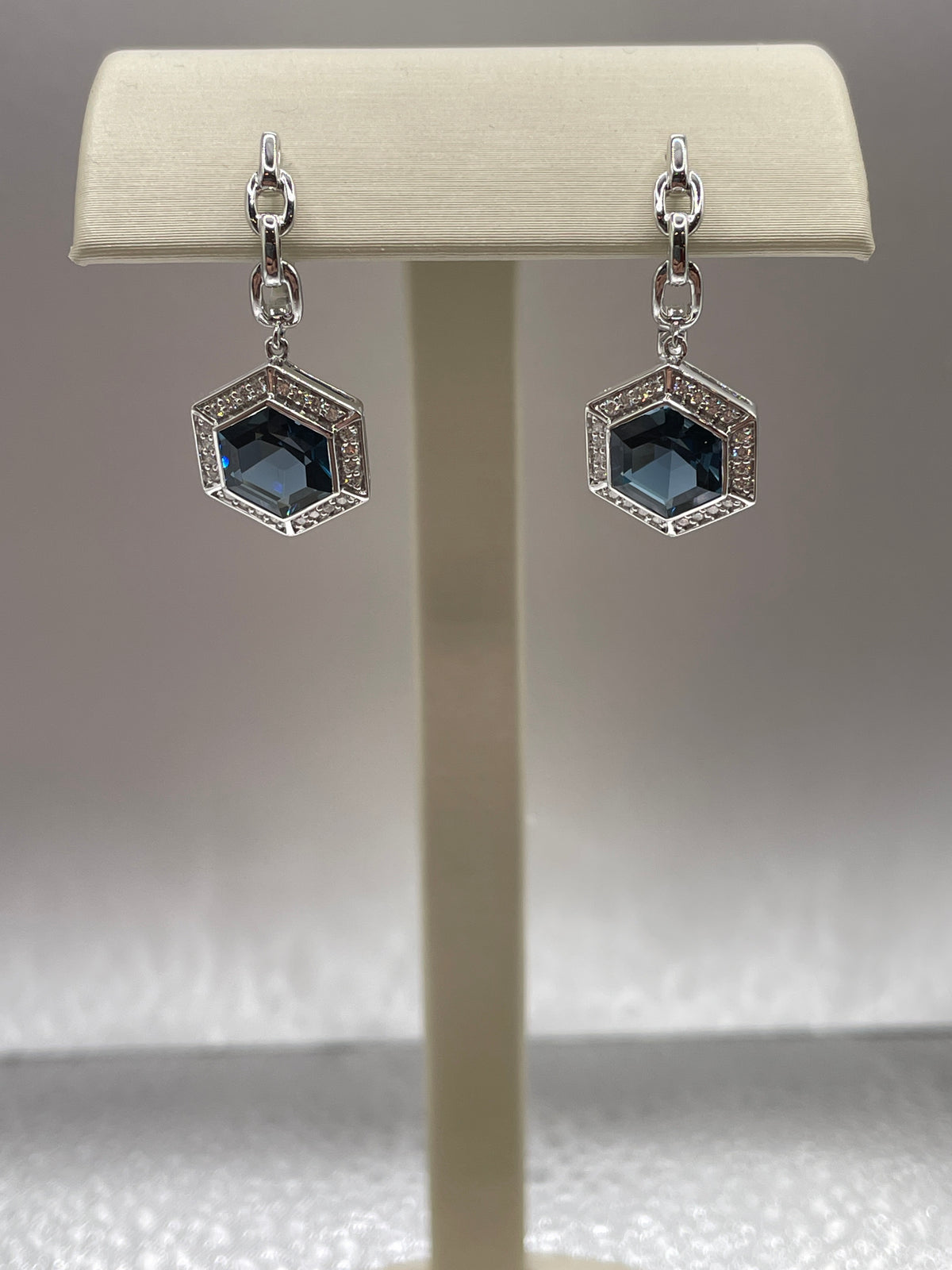 14k white Gold Diamond and London Blue Topaz drop Earrings