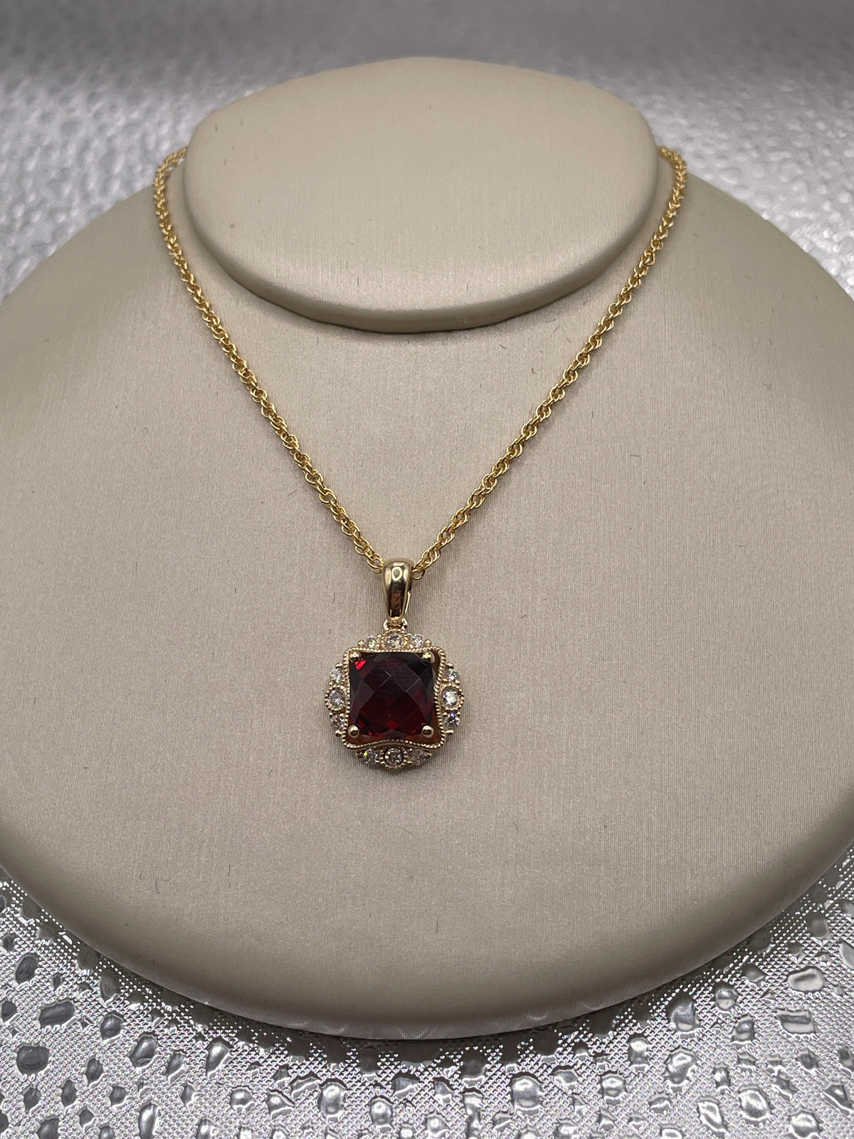 14k Gold Garnet and Diamond Pendant Necklace