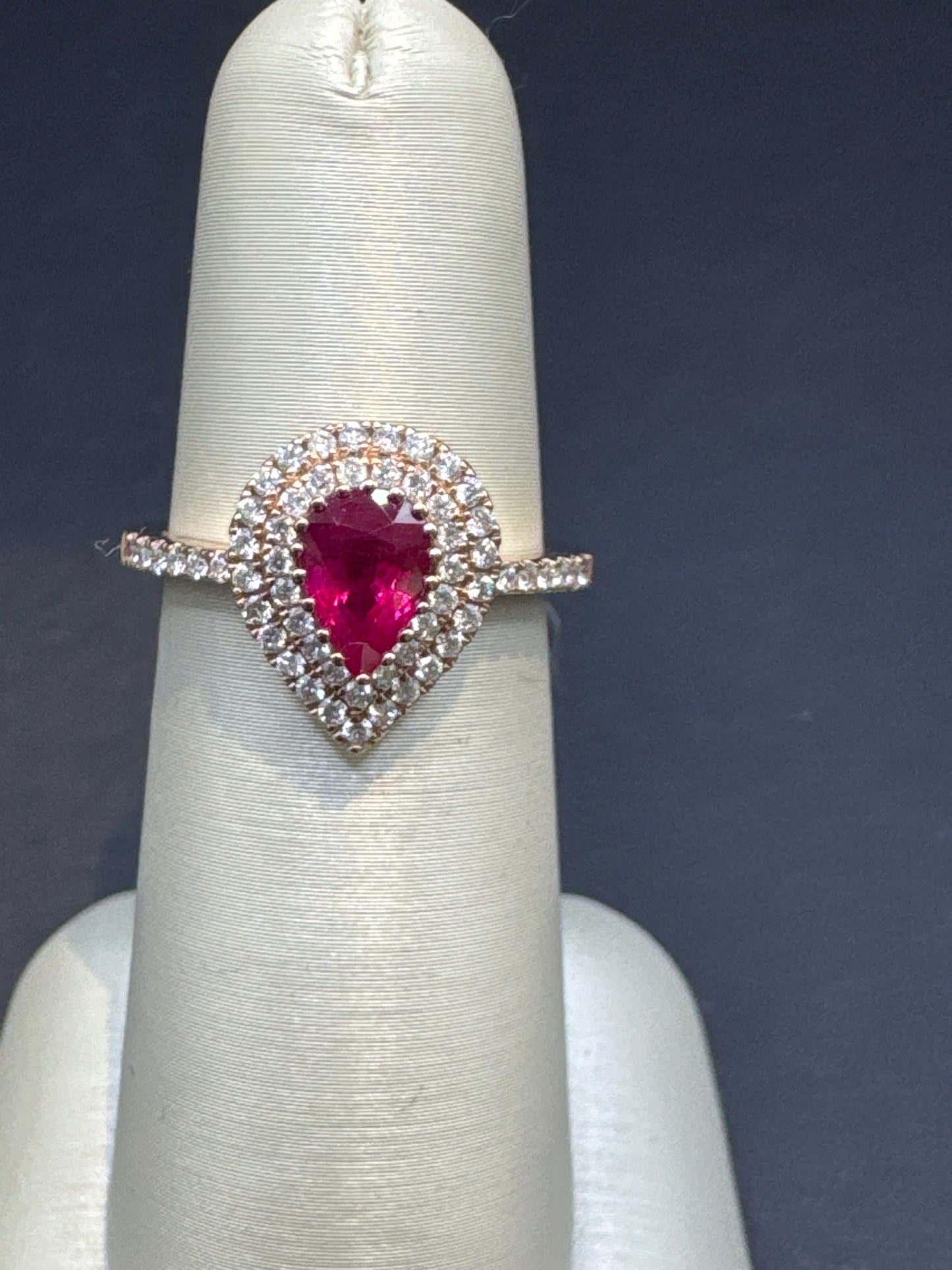 1.14 Carat Pear Ruby Ring with Double Diamond Halo in 14k Rose Gold