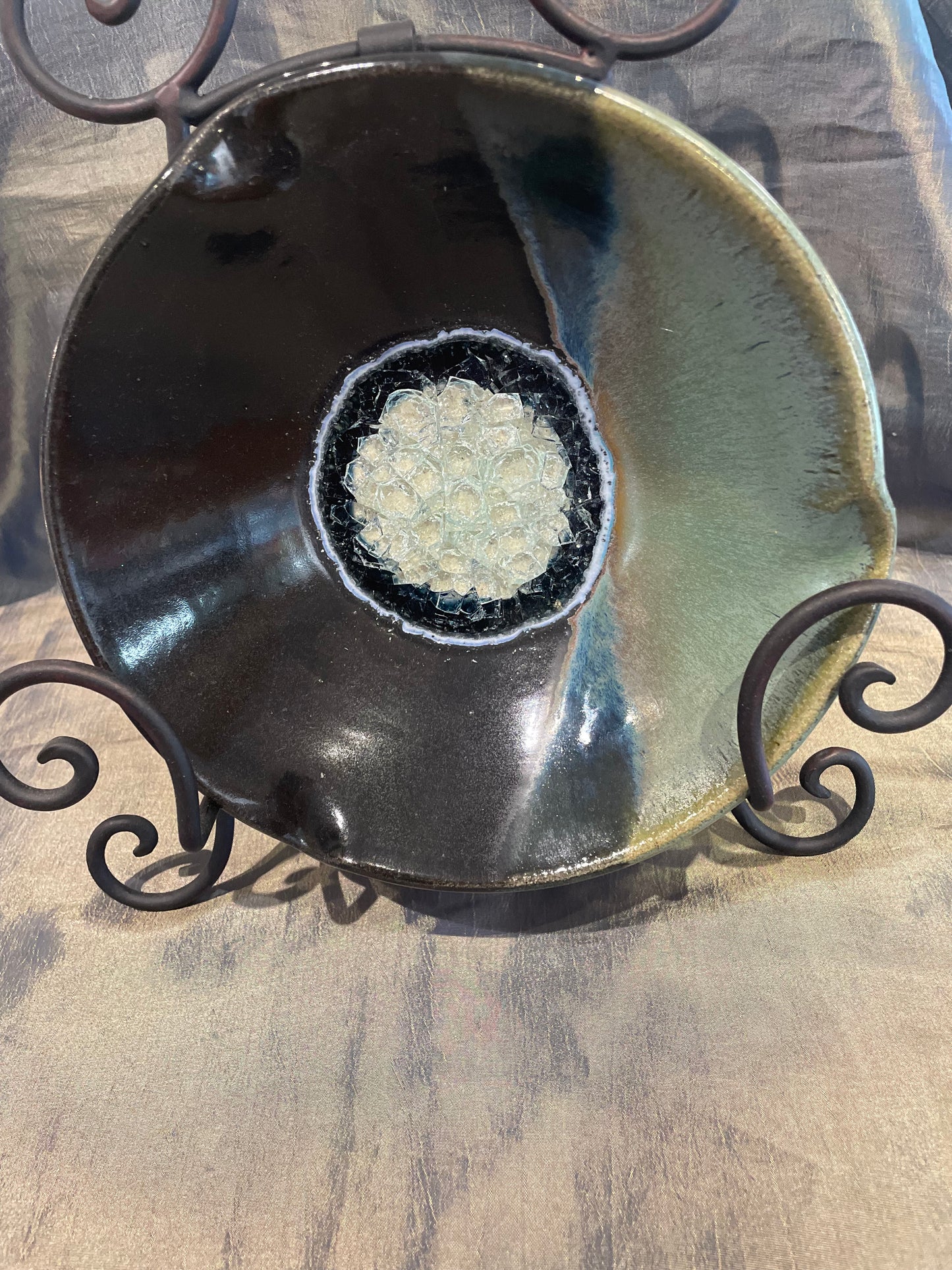 Dock 6 Black and Pearl 3-Pinch Bowl with Crackle Fused Glass 7"