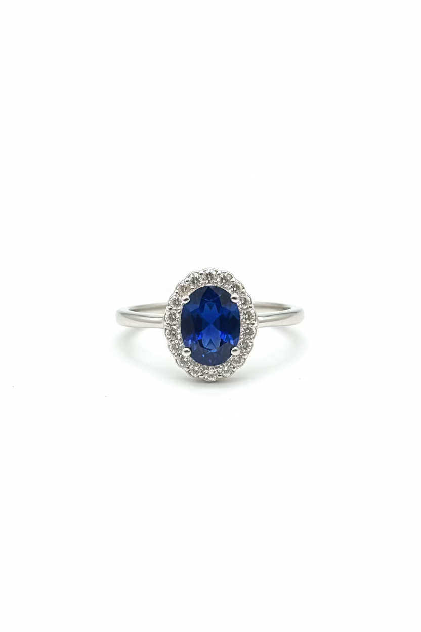 14K White Gold Sapphire with Diamond Halo