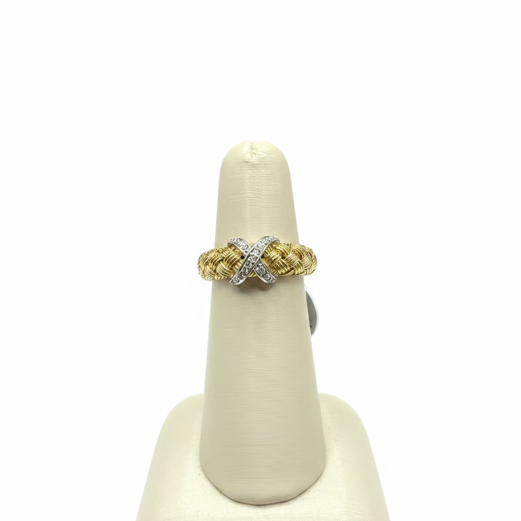 14K Gold Woven Band Ring with Criss-Cross Diamond Motif