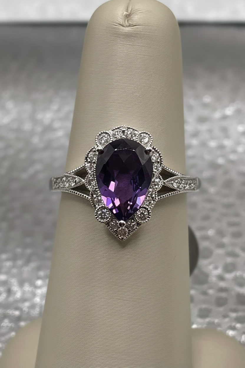 14K White Gold Pear Shaped Amethyst Ring with Diamond Accents — Vintage-Inspired