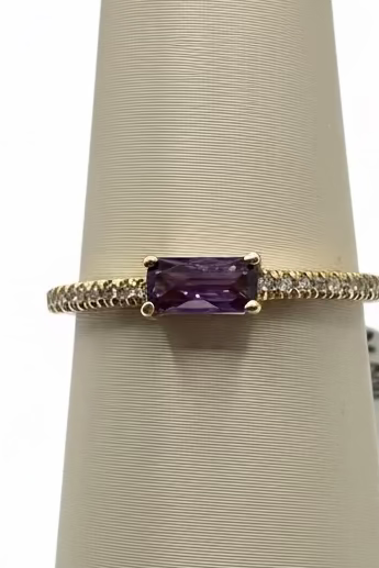 Elongated Checkerboard Cut Amethyst Stackable Ring with Diamond Accents