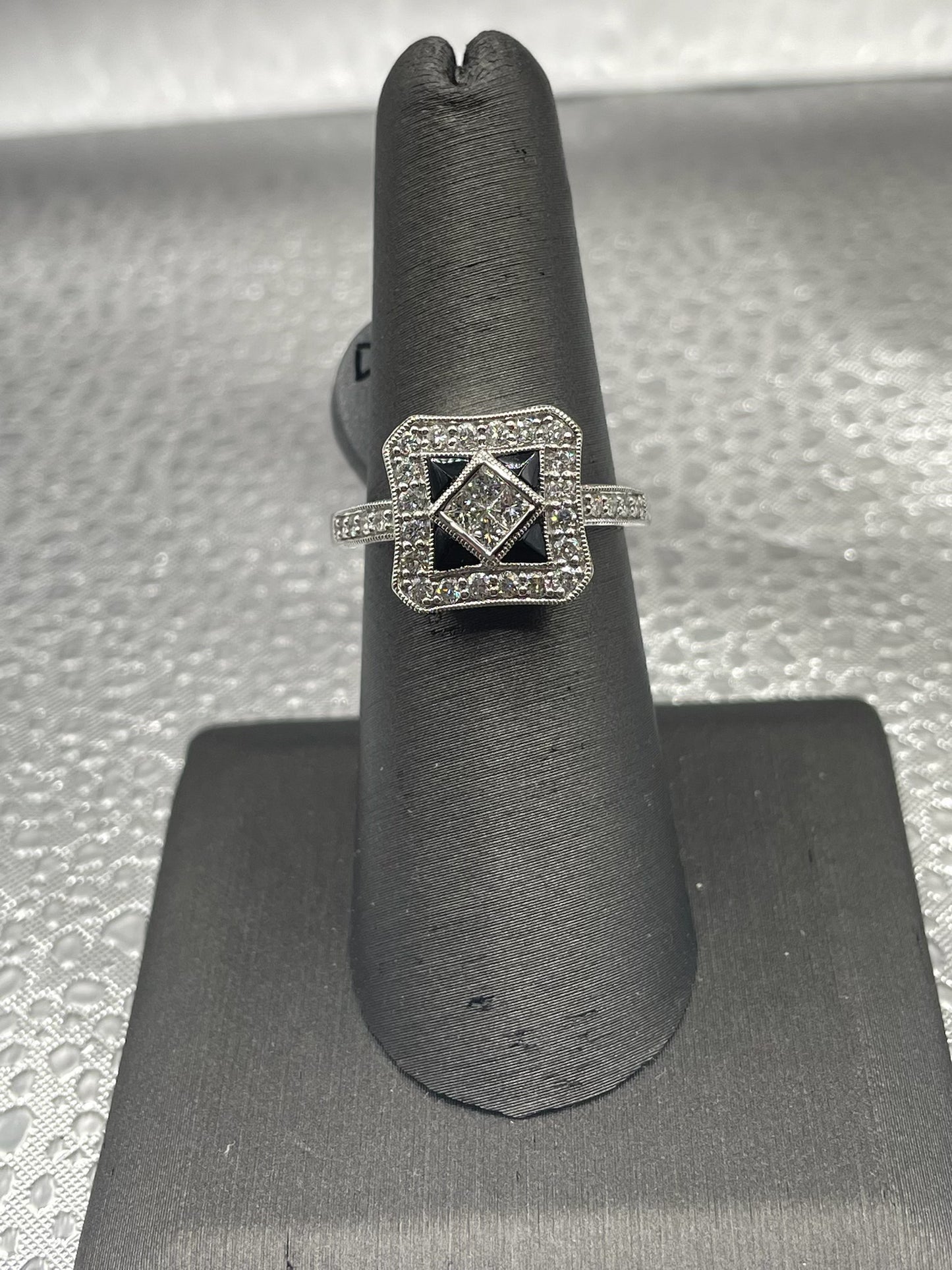 14K White Gold Art Deco Diamond and Onyx Ring