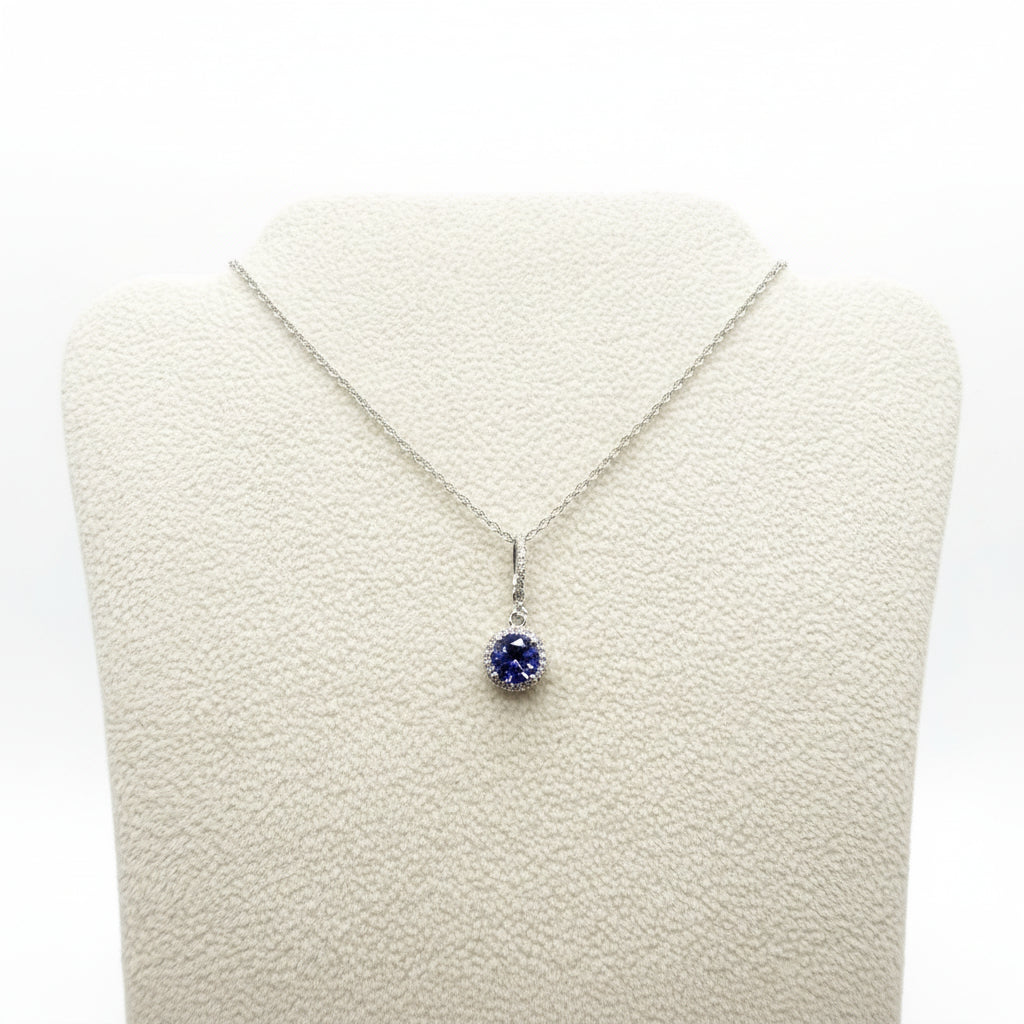14K White Gold Tanzanite and Diamond Halo Pendant Necklace
