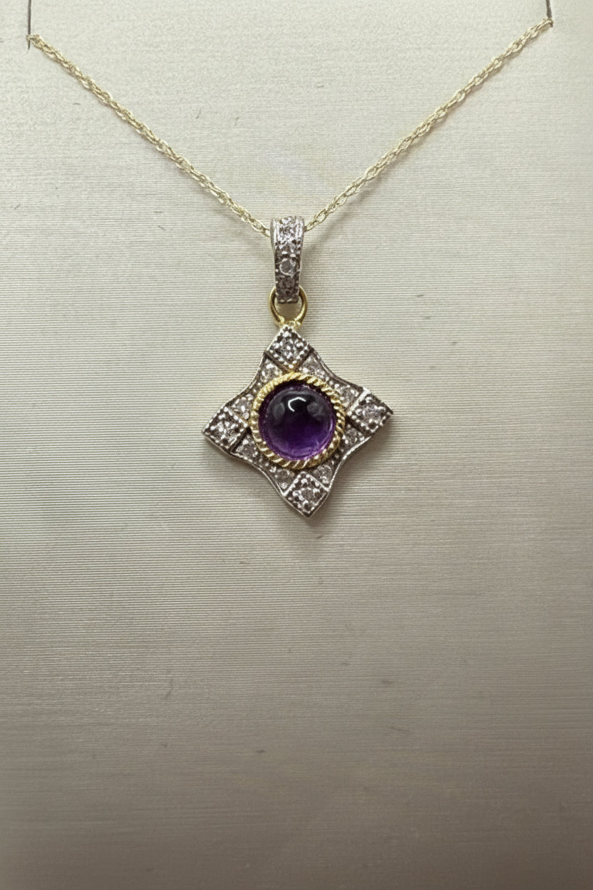 14K Gold Amethyst & Diamond-Shape Pendant Necklace – 16"