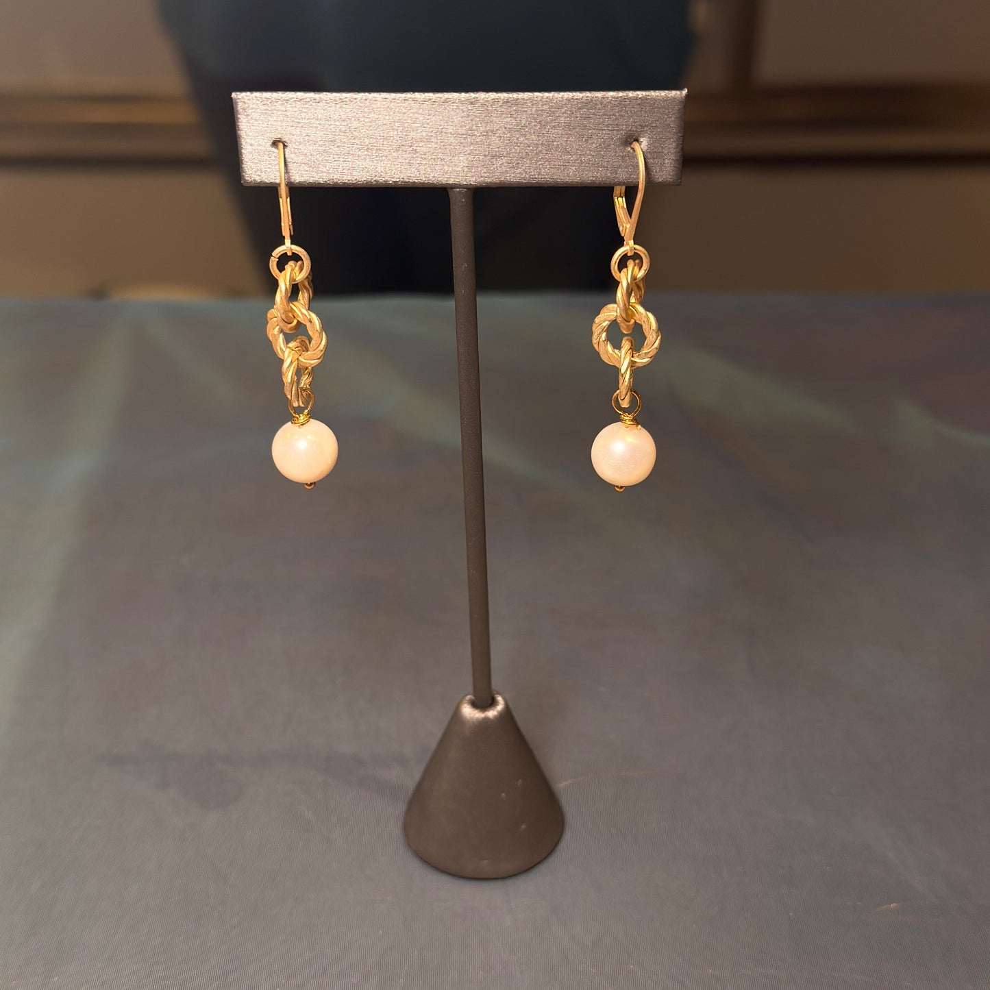 Gold Chain Link Pearl Drop Earrings