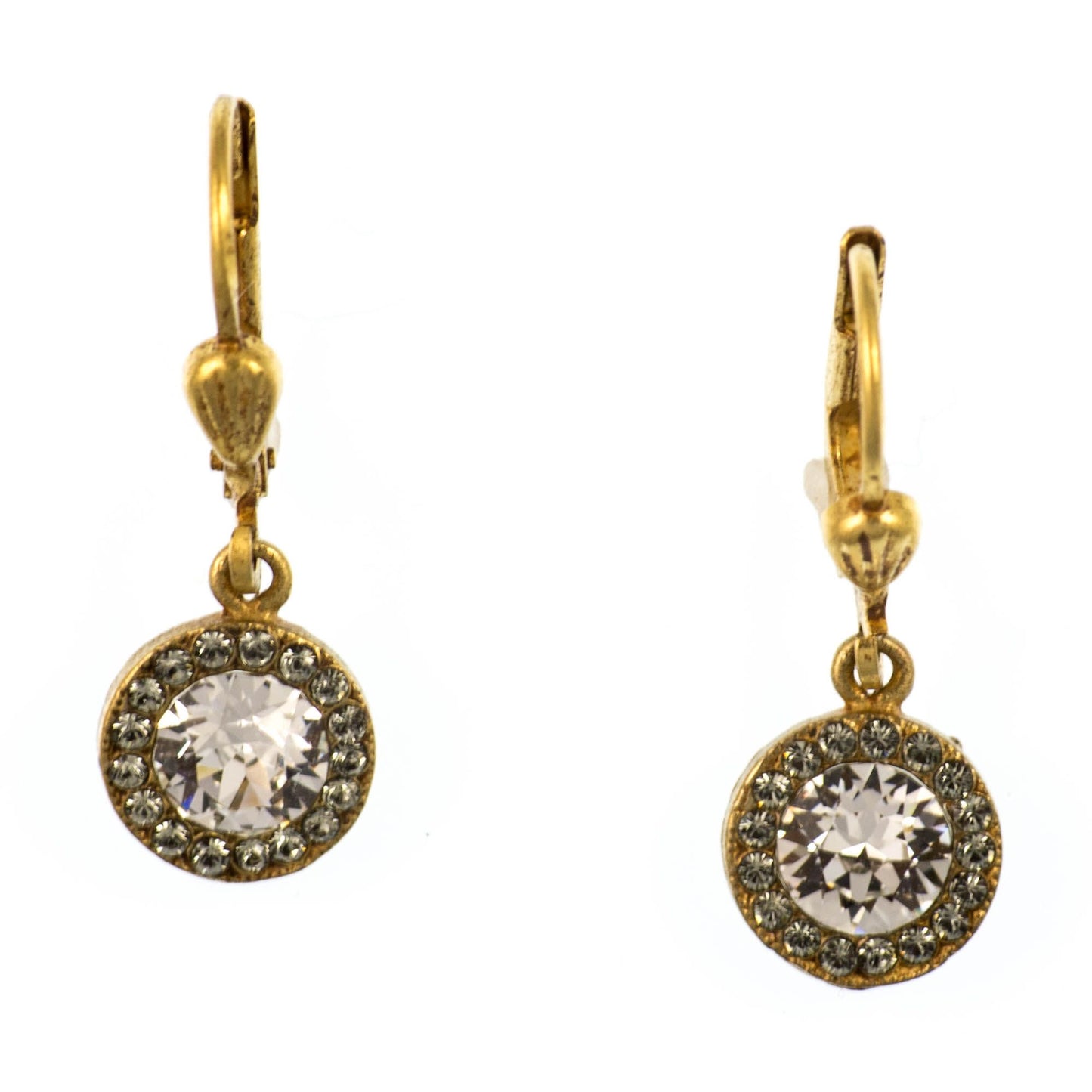 Gold Petite Round Black Diamond and Clear Crystal Rhinestone Dangle Earrings