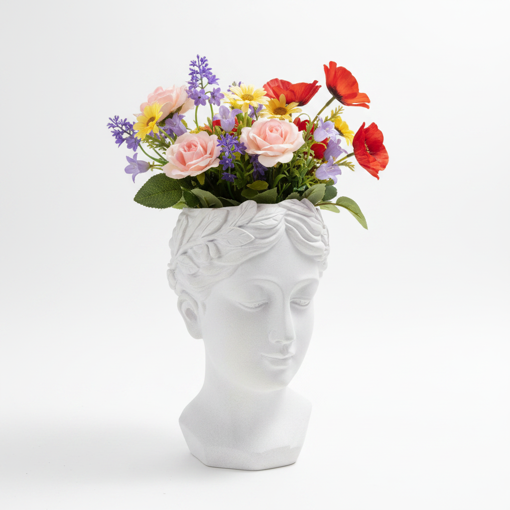 Grecian Head Statue Planter with Flowers