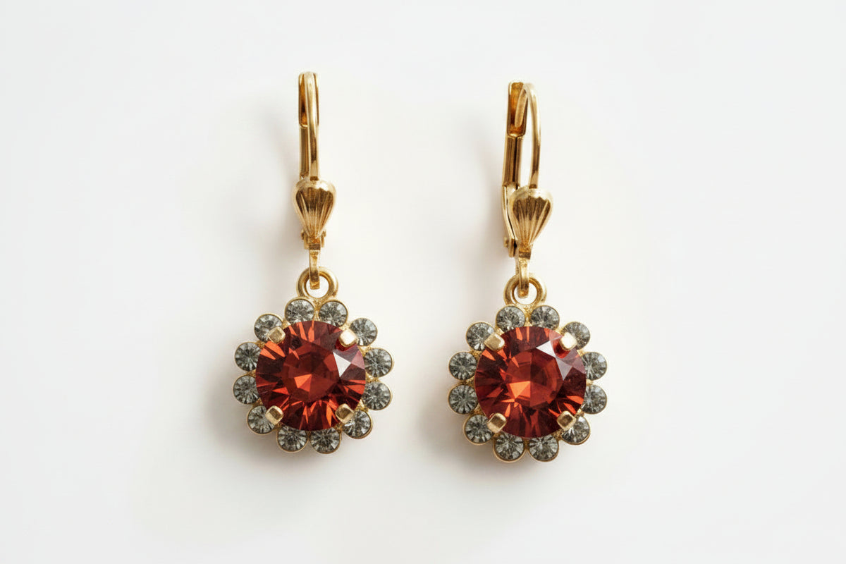 Catherine Popesco Crystal Flower Dangle Earrings in Red