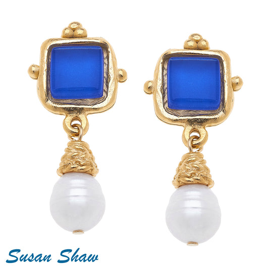 Handcast Gold Earrings with Classic Blue French Glass and Genuine Freshwater Pearl Drop