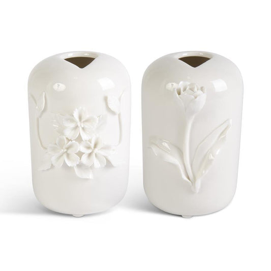 Assorted Tall White Ceramic Vase w/Raised Flowers