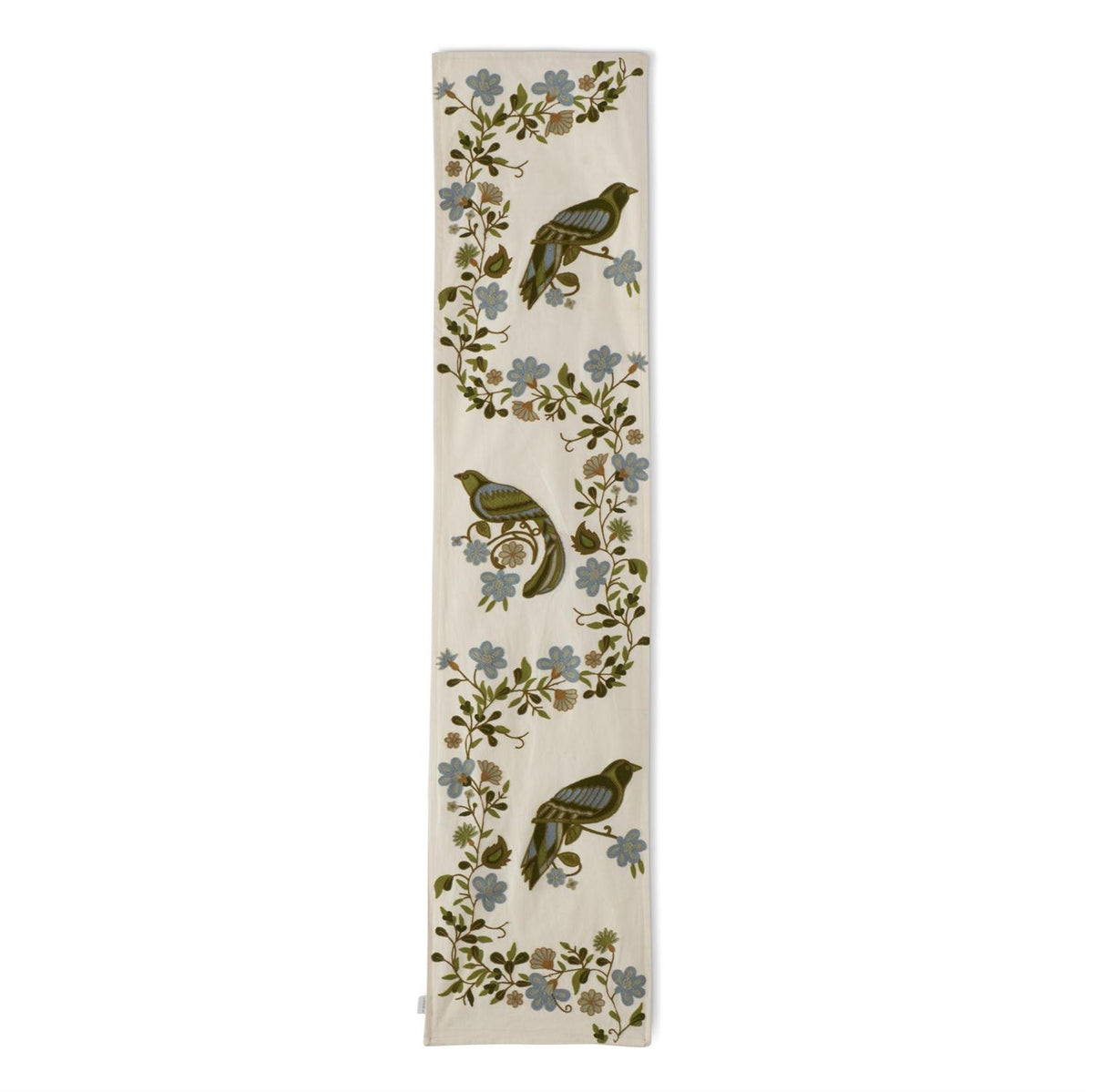 72 Inch Blue Green Floral & Bird Embroidered Table Runner