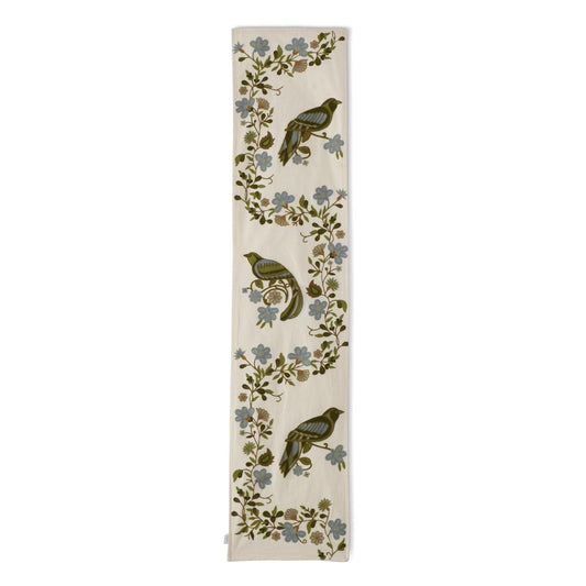 72 Inch Blue Green Floral & Bird Embroidered Table Runner