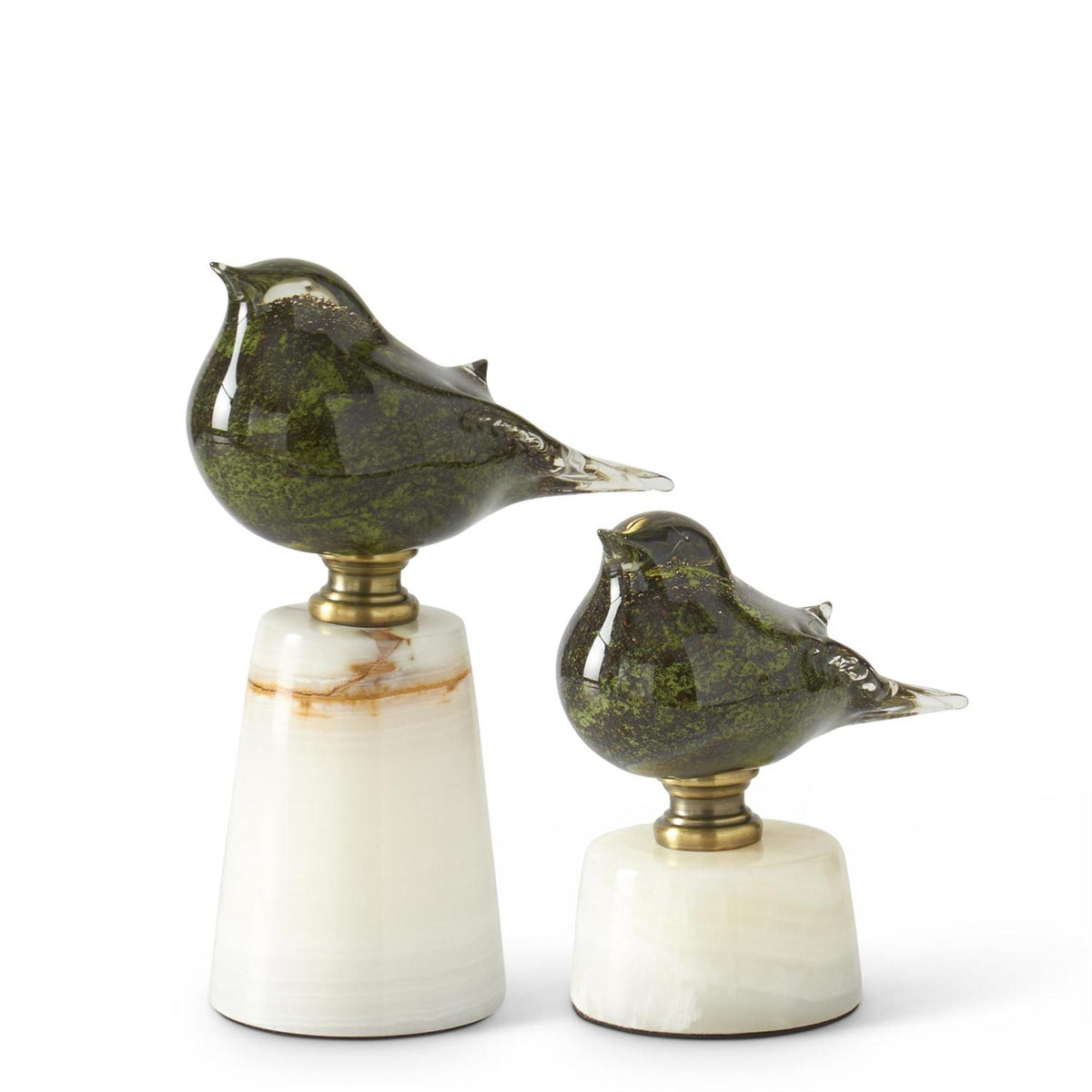 Green Glass Birds on White Marble Base
