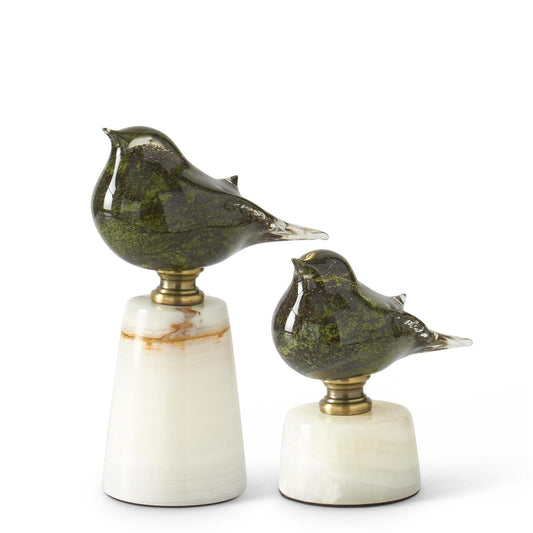 Green Glass Birds on White Marble Base