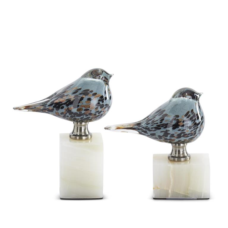 Blue Glass Birds on White Square Marble Base