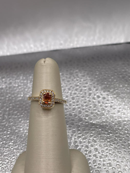 14K Yellow Gold Orange Sapphire & Diamond Ring