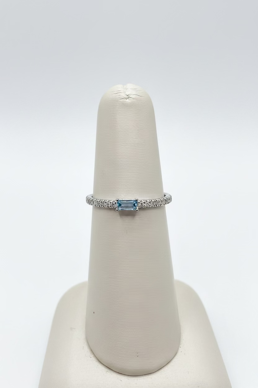 10K White Gold Blue Topaz & Diamond Stackable Band Ring