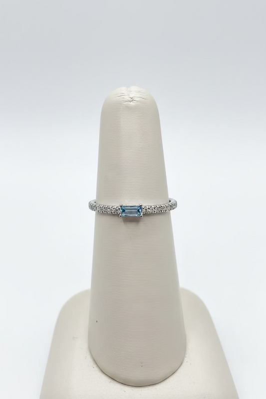 10K White Gold Blue Topaz & Diamond Stackable Band Ring