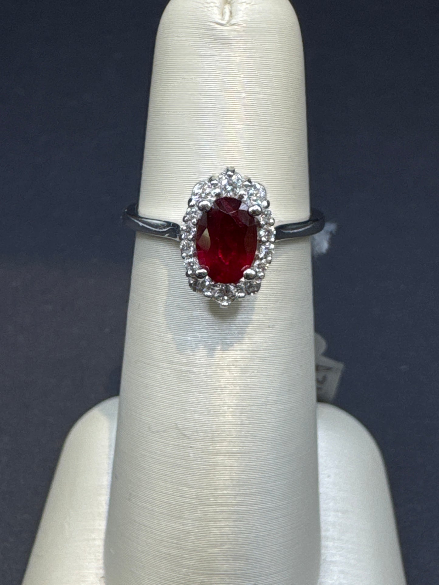0.92 Carat Ruby & Diamond Halo Ring in 14k White Gold