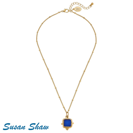 Handcast Gold Square with Blue French Glass Necklace