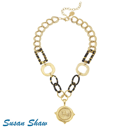 Handcast Gold & Tortoise Italian Intaglio "Equestrian" Necklace