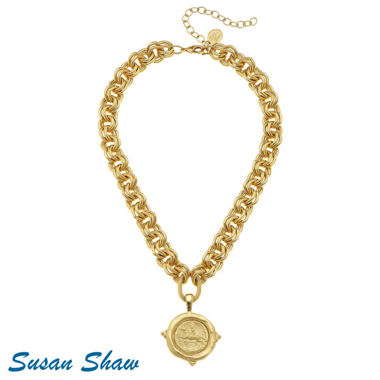 Handcast Gold "Equestrian" Intaglio Necklace.
