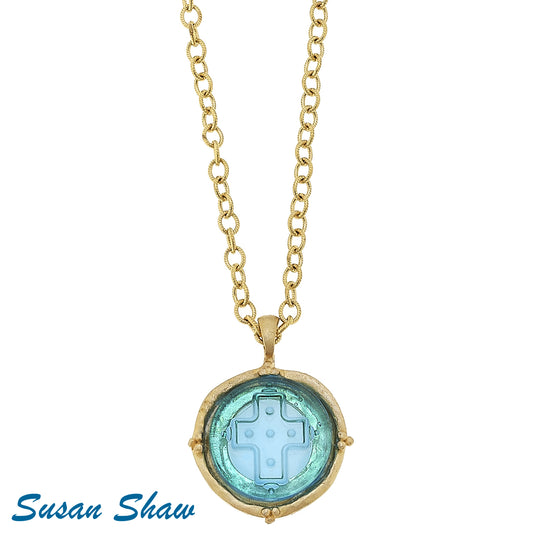Aqua Venetian Glass Cross Intaglio on 30" Gold Chain Necklace