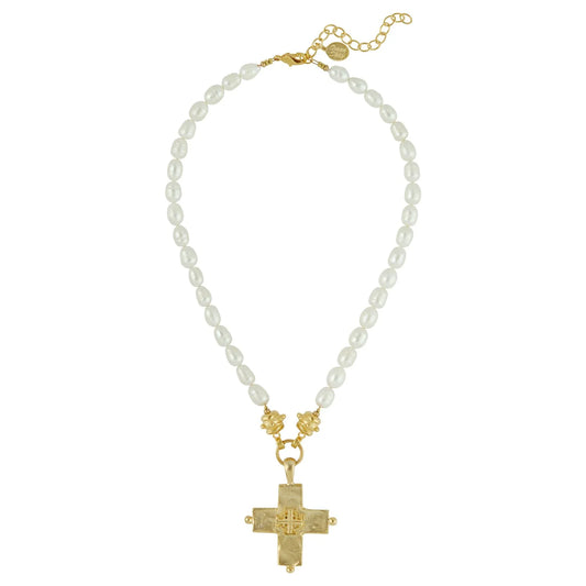 Susan Shaw Jerusalem Cross and Freshwater Pearl Necklace