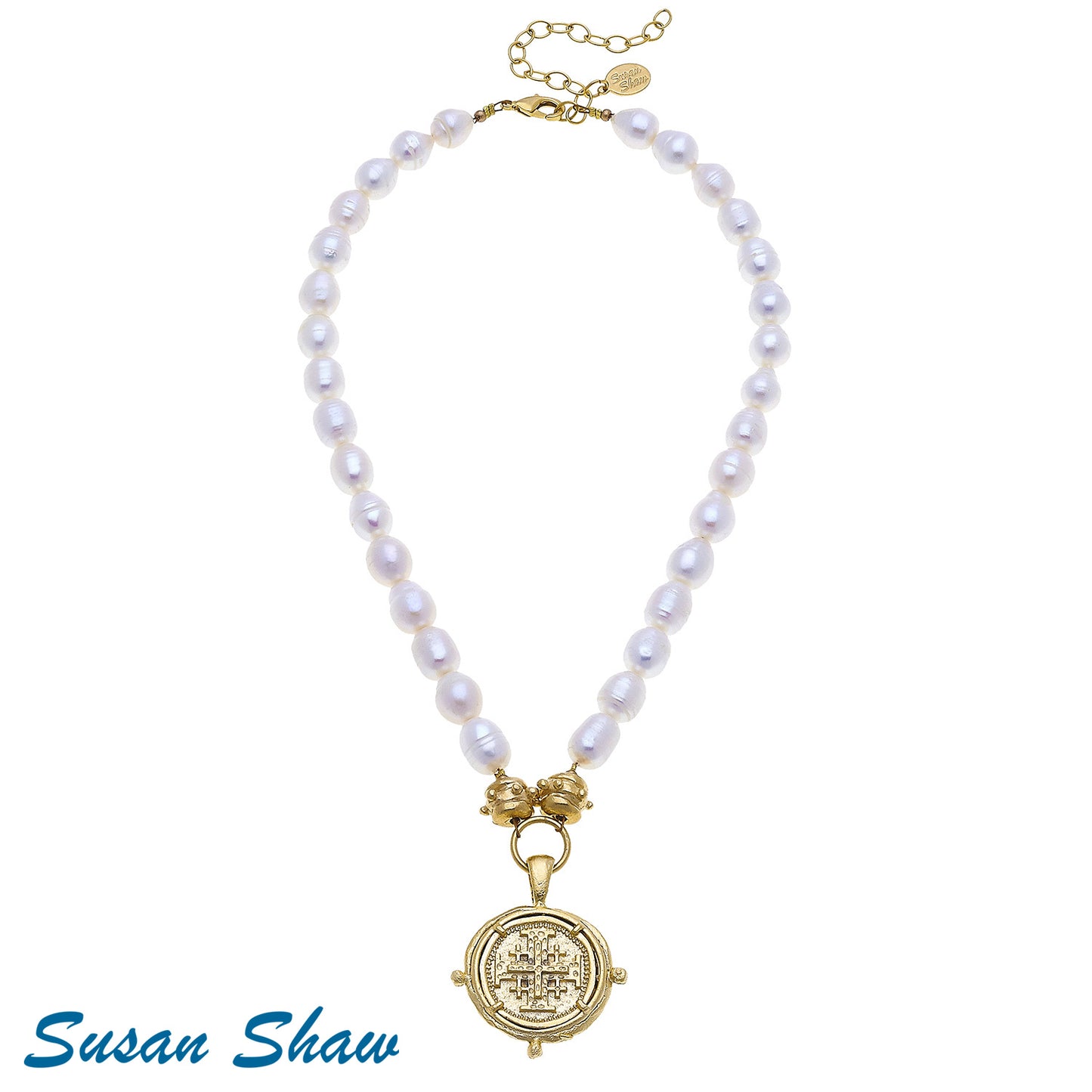 Gold Multi Cross Pendant on Genuine Freshwater Pearl Necklace