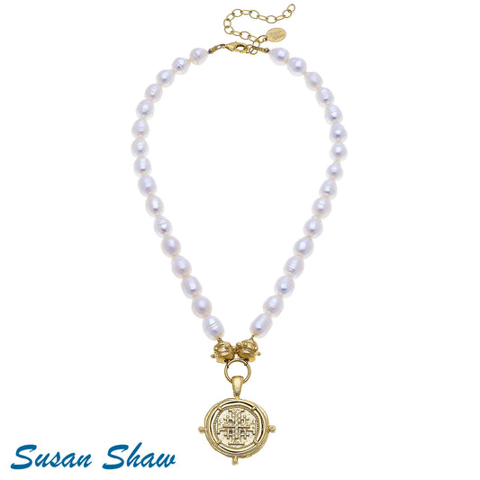 Gold Multi Cross Pendant on Genuine Freshwater Pearl Necklace