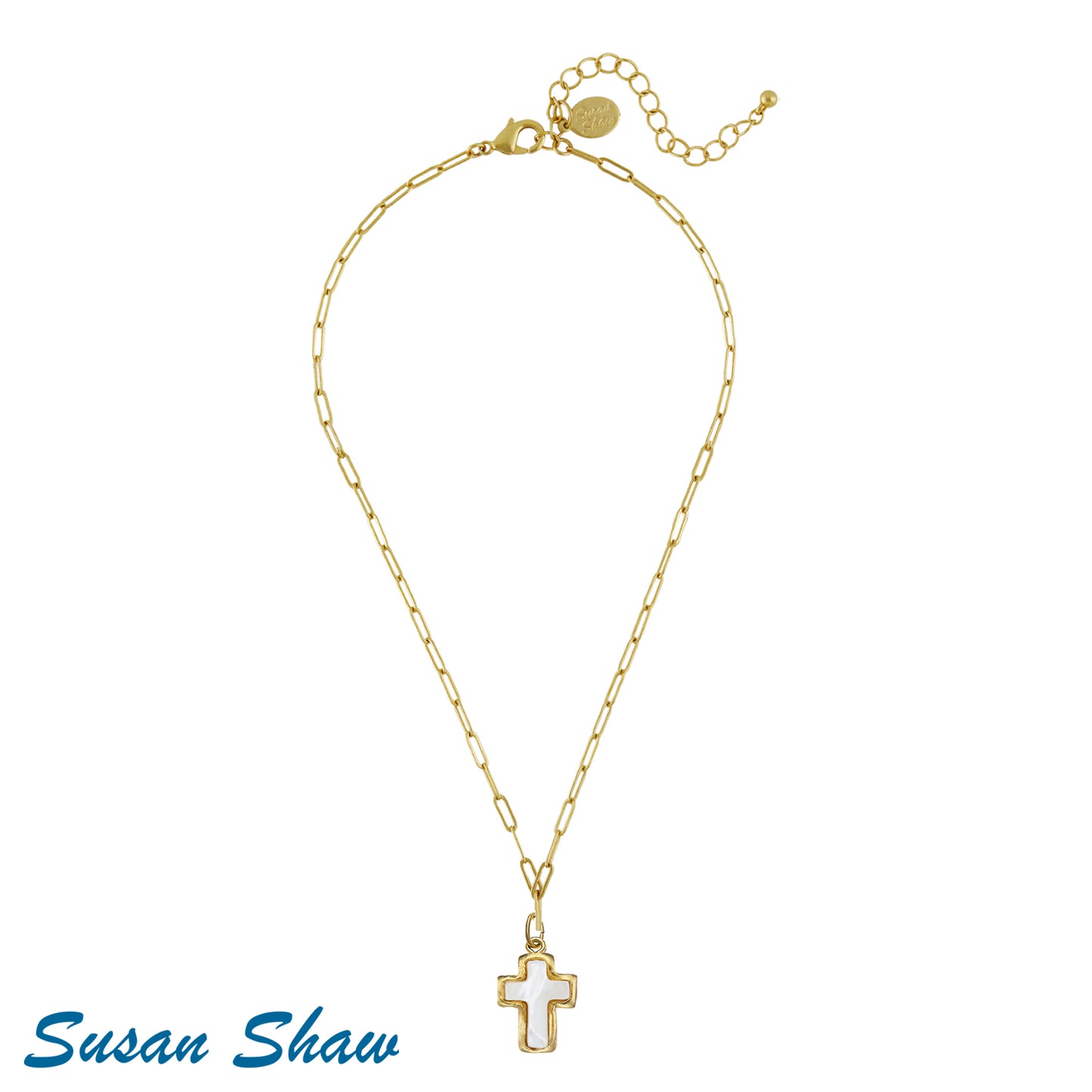 Mother of Pearl Cross Paperclip Necklace