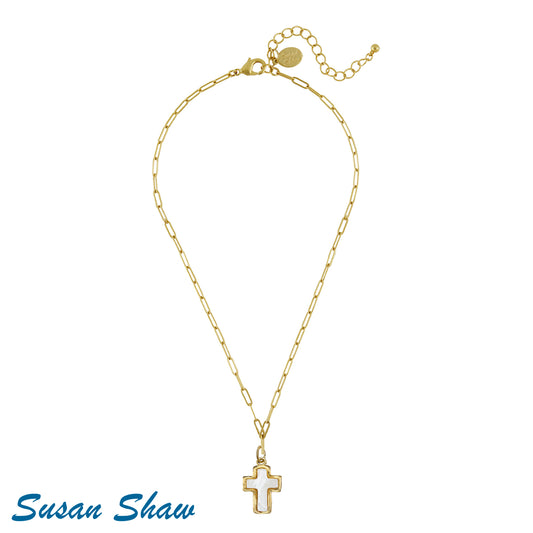 Mother of Pearl Cross Paperclip Necklace