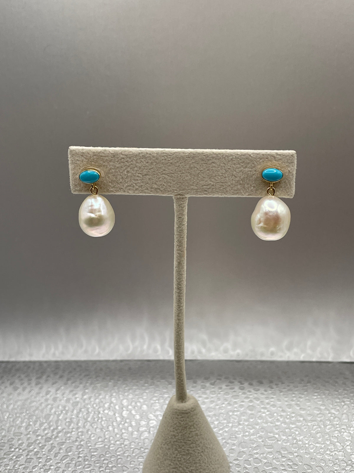 14k Natural Turquoise and Baroque Pearl Earrings