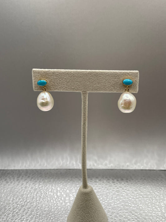 14k Natural Turquoise and Baroque Pearl Earrings