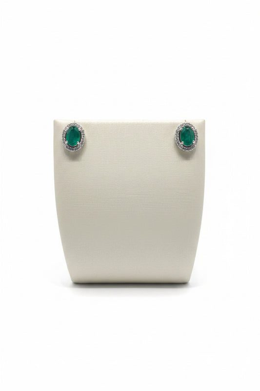 Oval Emerald Studs w/ Diamond Halo