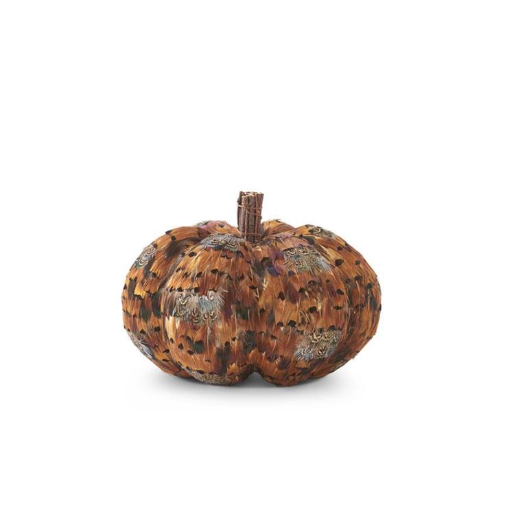 6.5 Inch Orange & Brown Feather Pumpkin w/Twig