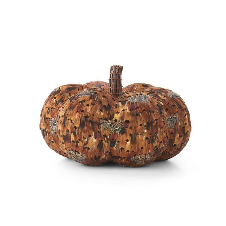 8 Inch Orange & Brown Feather Pumpkin w/Twig Stem